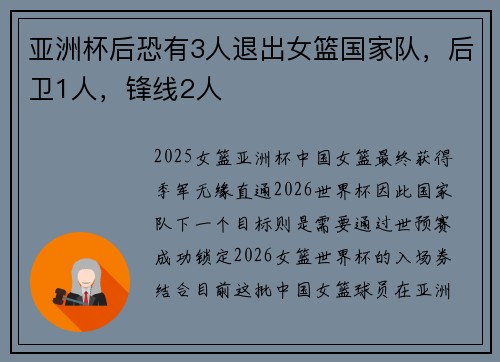 亚洲杯后恐有3人退出女篮国家队，后卫1人，锋线2人