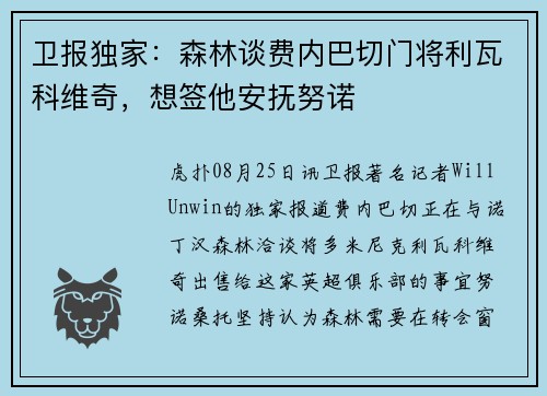 卫报独家：森林谈费内巴切门将利瓦科维奇，想签他安抚努诺