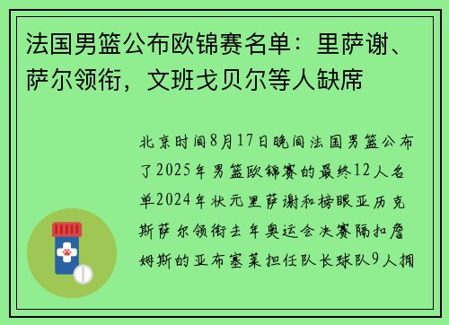 法国男篮公布欧锦赛名单：里萨谢、萨尔领衔，文班戈贝尔等人缺席